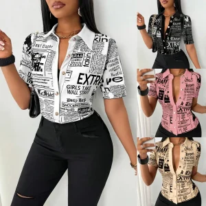 Shirt Top Women Letter Print Blouse Turn Down Collar Single Breasted Short Sleeves Tops 2025 Summer Office Lady Overshirt